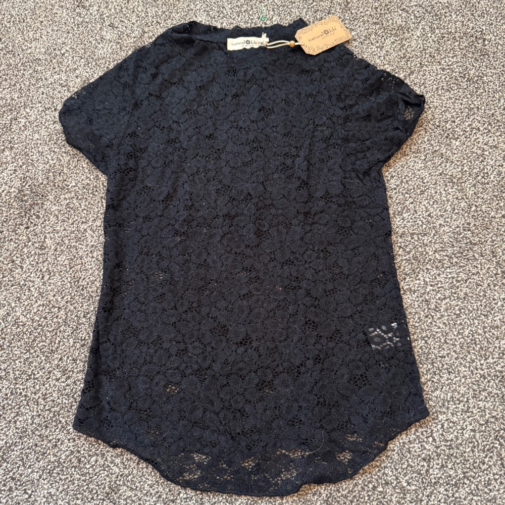 Natural Life Sheer Lace Black T Shirt Size Medium NWT